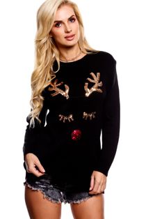 Sequined Reindeer Face Black Christmas Jumper